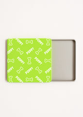 custom dog bone tea bag tin, pistachio green lid, name POPPY, holds 3–5 tea bags, 3.94×3.94×0.39 in