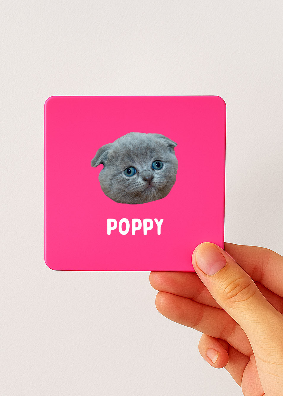 personalised cat tea bag tin pink with custom grey kitten face and name Poppy