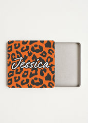open tea sachet case — leopard pattern, name print, holds 4–6 wrapped tea bags