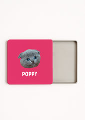 personalised cat tea bag tin pink with custom grey kitten face and name Poppy
