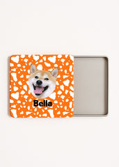 personalised dog tea storage box with white spot motif