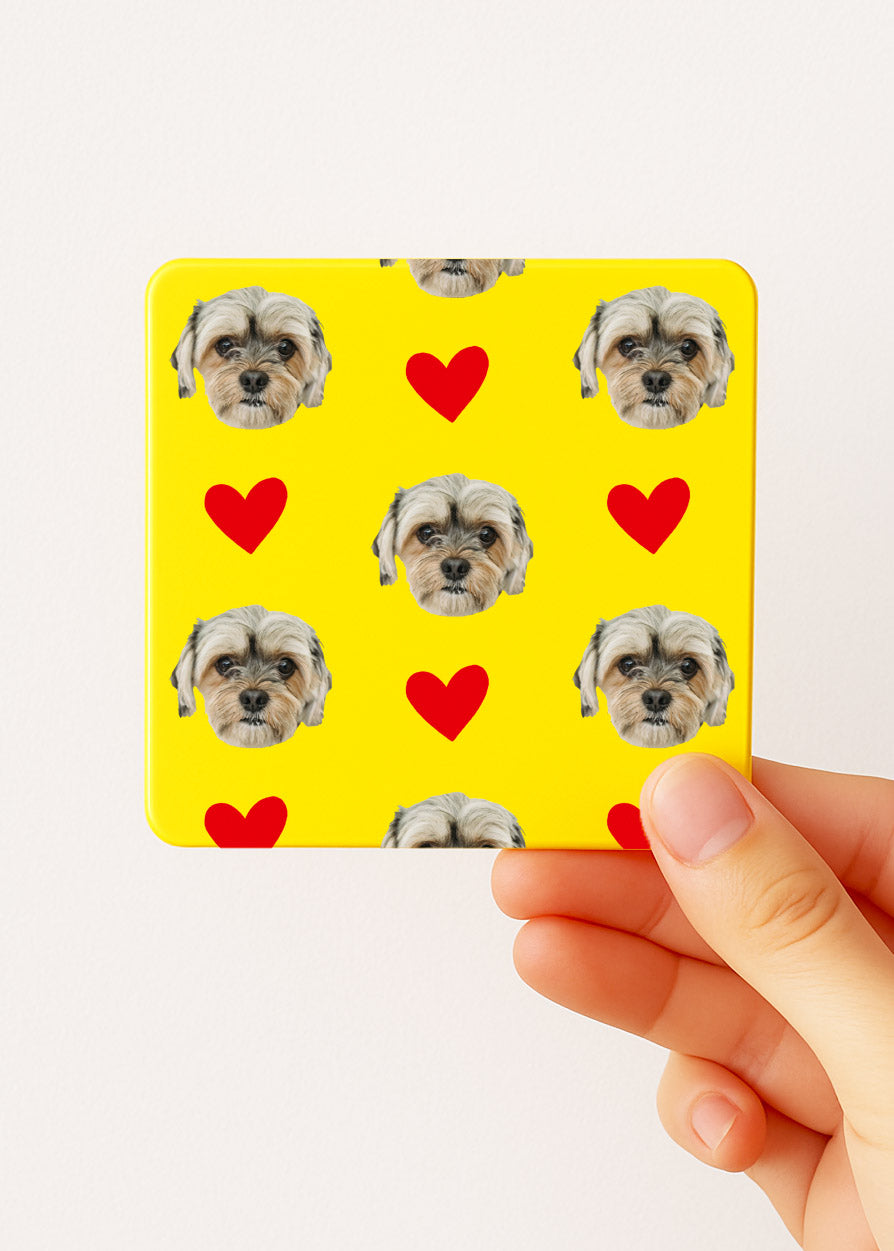 dog lover tea bag tin yellow with custom pet face and red hearts