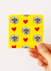 dog lover tea bag tin yellow with custom pet face and red hearts