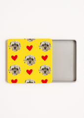 dog lover tea bag tin yellow with custom pet face and red hearts