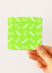 custom dog bone tea bag tin, pistachio green lid, name POPPY, holds 3–5 tea bags, 3.94×3.94×0.39 in