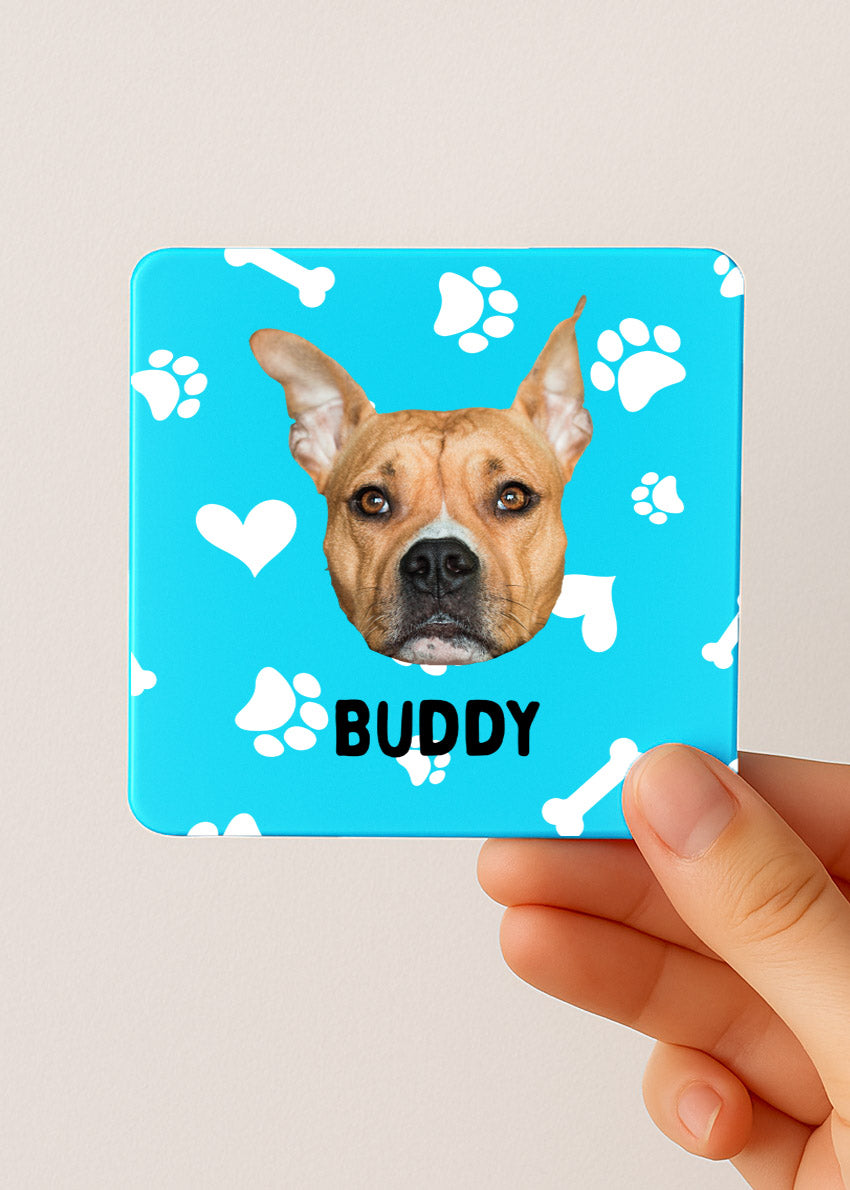 personalised dog tea bag tin; custom pet photo tea caddy; dog lover tea storage box; travel tea bag holder for pet owners