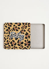 open mini tea bag box — leopard pattern, name print, holds 4–6 wrapped tea bags