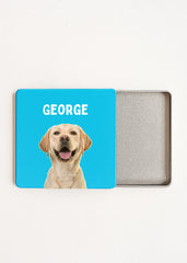 custom dog photo tea tin blue lid personalised with name George
