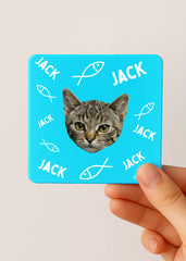 cat fish print tea tin blue with custom cat face and name Jack