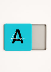 custom tin box, monogram keepsake storage