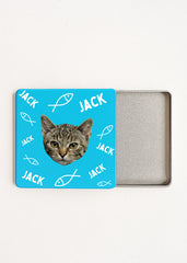 cat fish print tea tin blue with custom cat face and name Jack