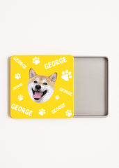 personalised dog tea bag tin; custom pet name tea caddy; dog lover tea storage box; travel tea tin for pet owners