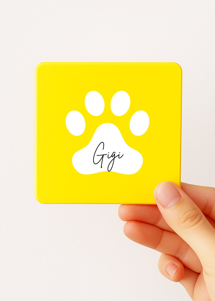 personalised paw print tea tin yellow with pet name Gigi