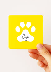 personalised paw print tea tin yellow with pet name Gigi