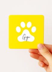 personalised paw print tea tin yellow with pet name Gigi