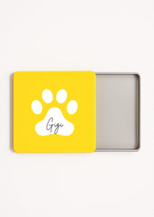 personalised paw print tea tin yellow with pet name Gigi