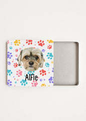 color paw print tea tin white with custom dog face Alfie
