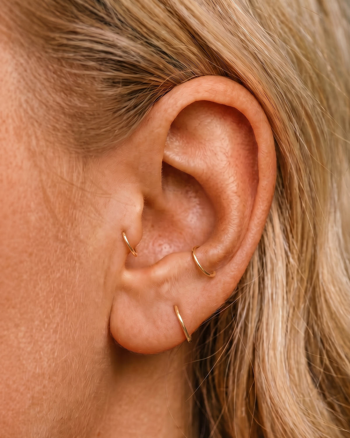 14K gold seamless cartilage hoops worn on healed upper-ear placements