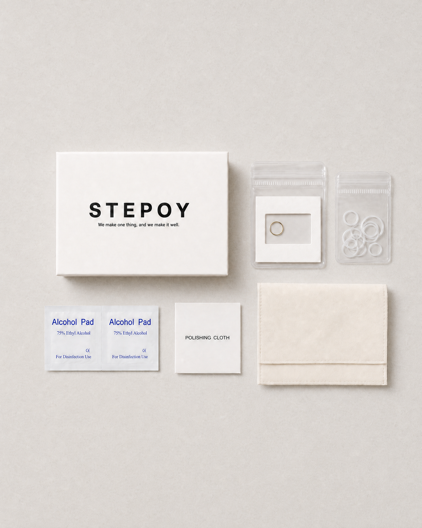 stepoy 14ct soild gold ring package , include 14ct soild gold seamless ring , gift box , silicone size ring , alcohol pad , ring bag, polising cloth