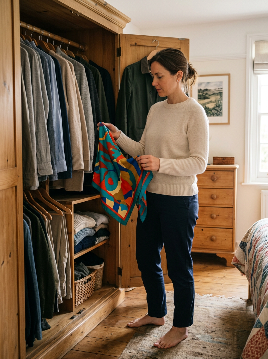 A person comparing neutral clothes with one playful accessory in front of a wardrobe