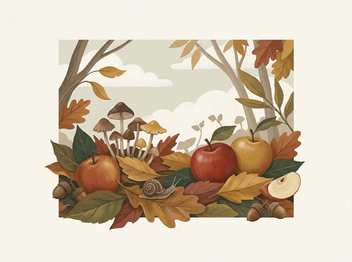 Autumn woodland scene with mushrooms, apples, leaves and warm natural colours