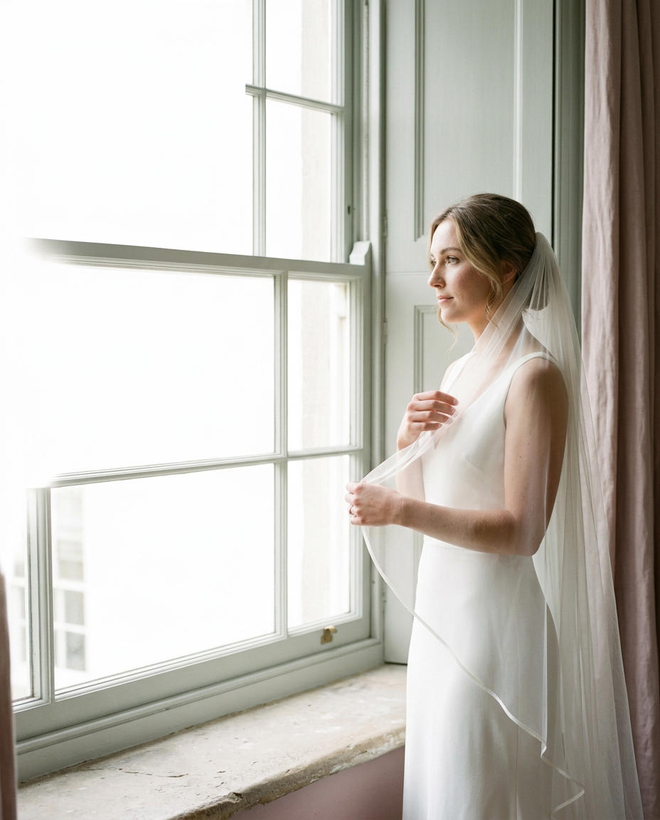 Bride preparing her jewellery with her wedding hairstyle and accessories