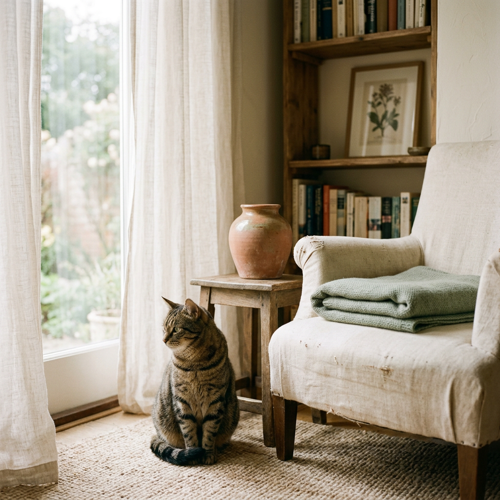 Cat sitting in a softly lit home