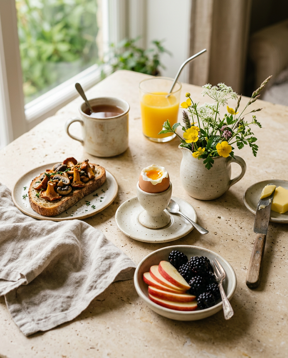 A relaxed breakfast table with fresh food and warm natural light