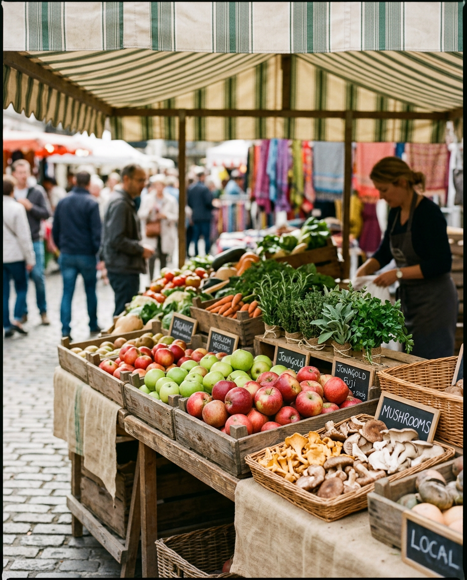 Fresh fruit and vegetables arranged at a market
