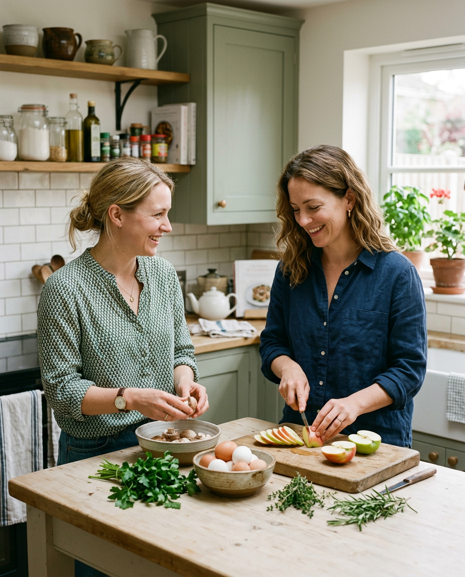 Friends preparing food together in a bright kitchen