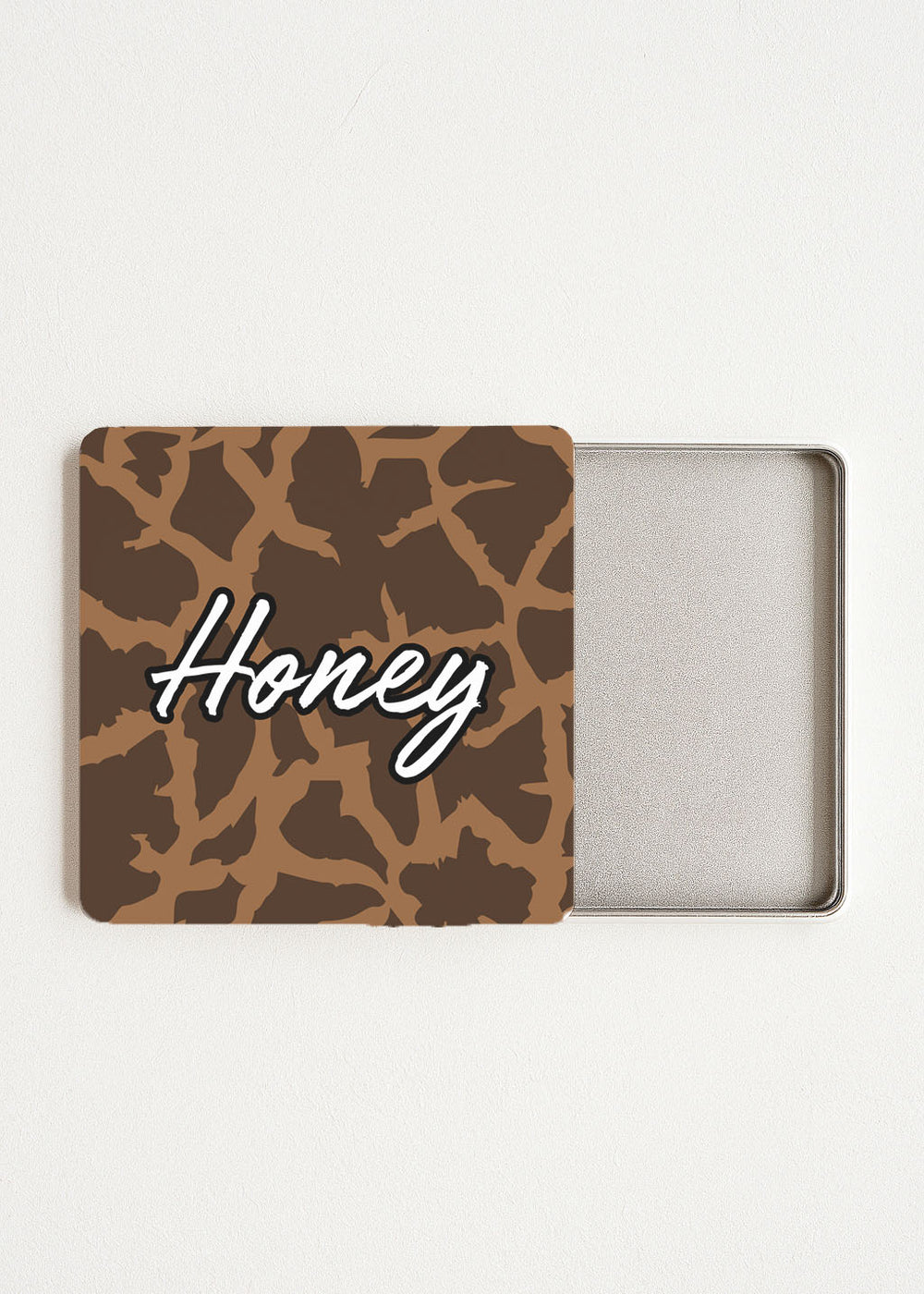 open tea sachet tin — safari pattern, name print, holds 4–6 wrapped teabags