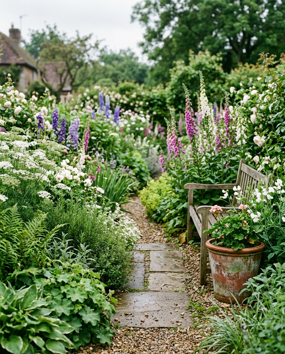 A garden path surrounded by green planting