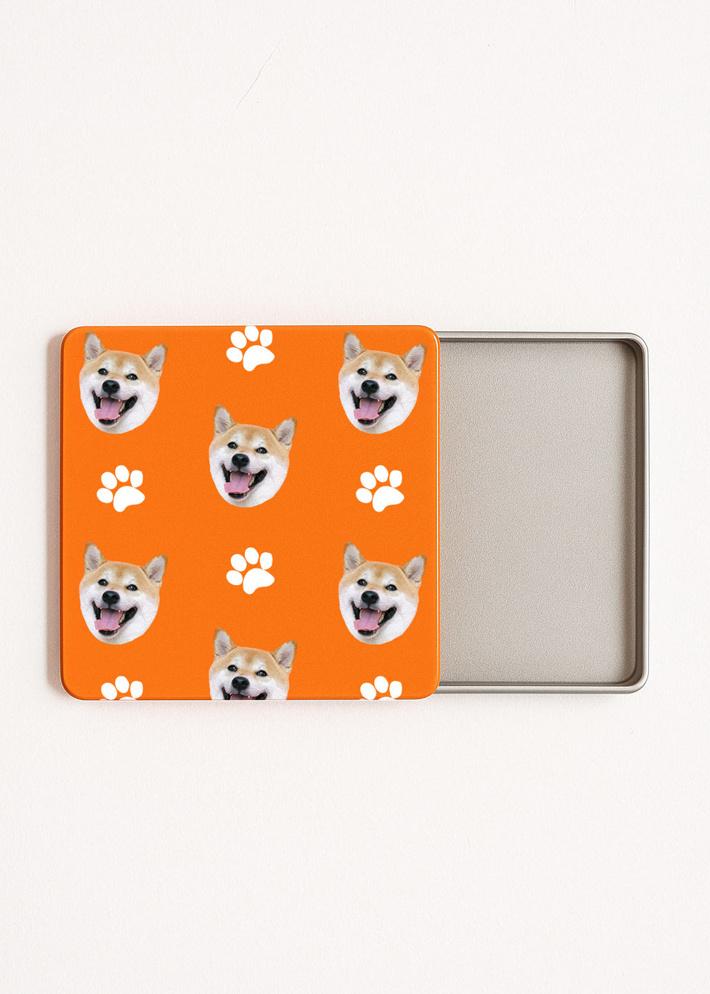 dog paw print tea tin orange with custom dog face and paw icons