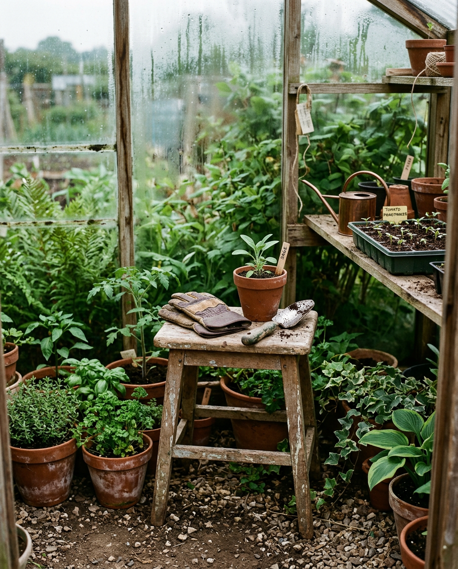 A quiet greenhouse corner with terracotta pots and leafy plants