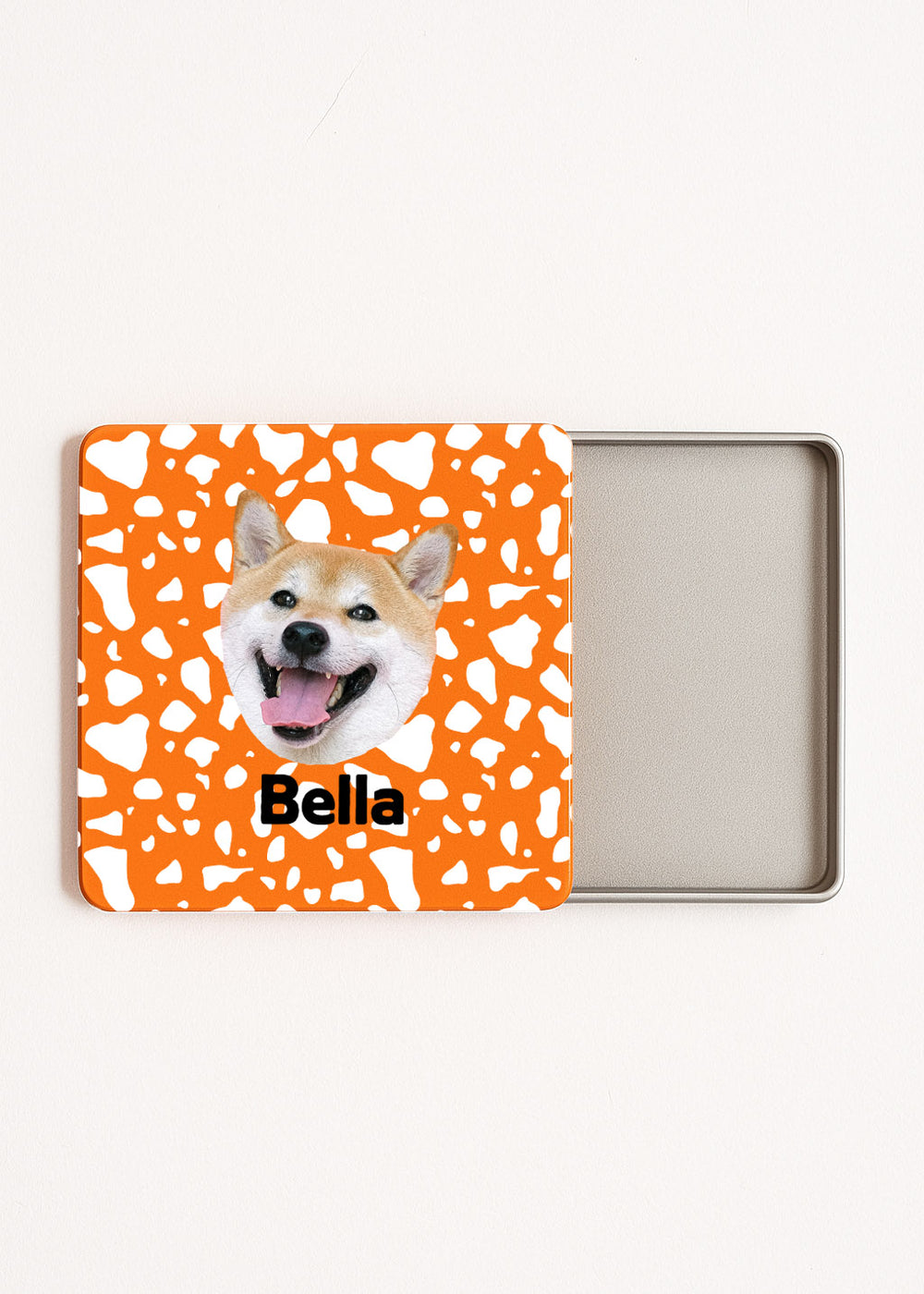 personalised dog tea storage box with white spot motif