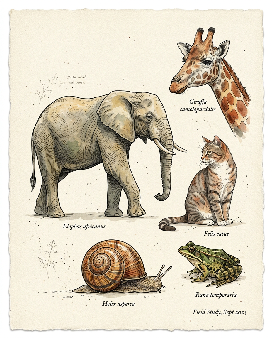Editorial illustration of a cat, elephant, giraffe, frog and snail