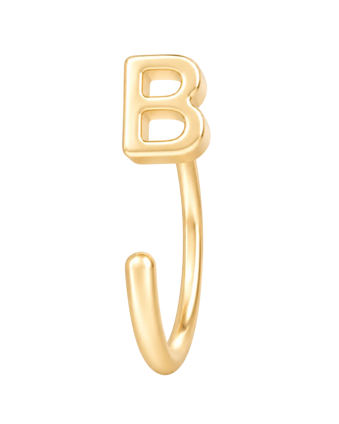 A gold-plated letter 'B' initial hoop earring on a clean white background.