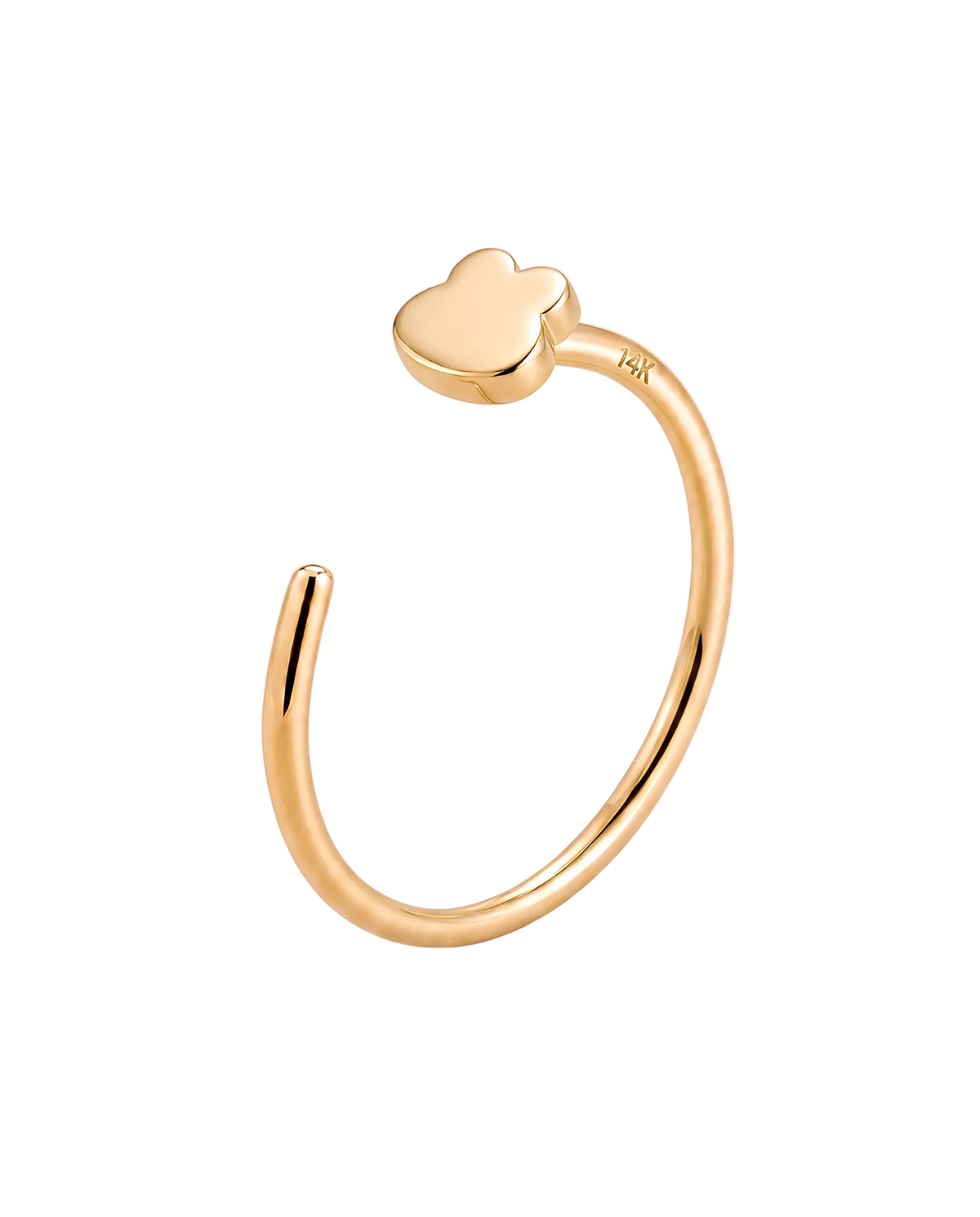 A playful 14ct solid gold Frog Hoop with a minimalist frog head and raised eye shapes. Available in 18G or 20G, 6–10mm, in three gold colours.