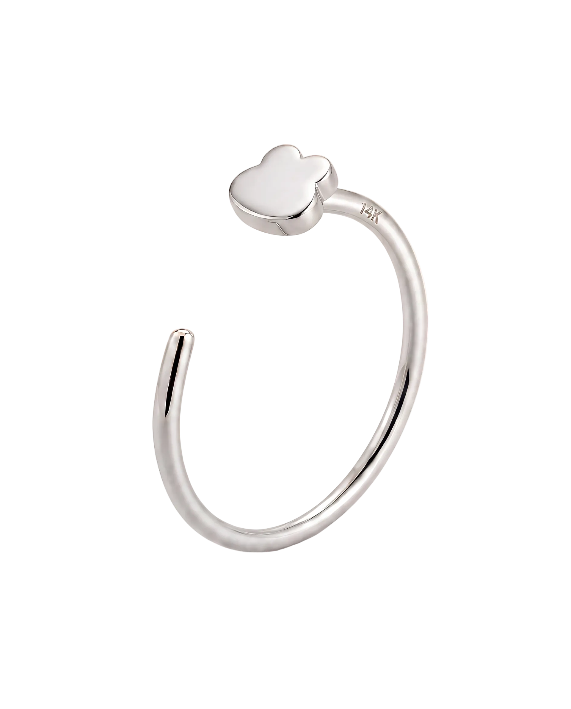 A playful 14ct solid gold Frog Hoop with a minimalist frog head and raised eye shapes. Available in 18G or 20G, 6–10mm, in three gold colours.