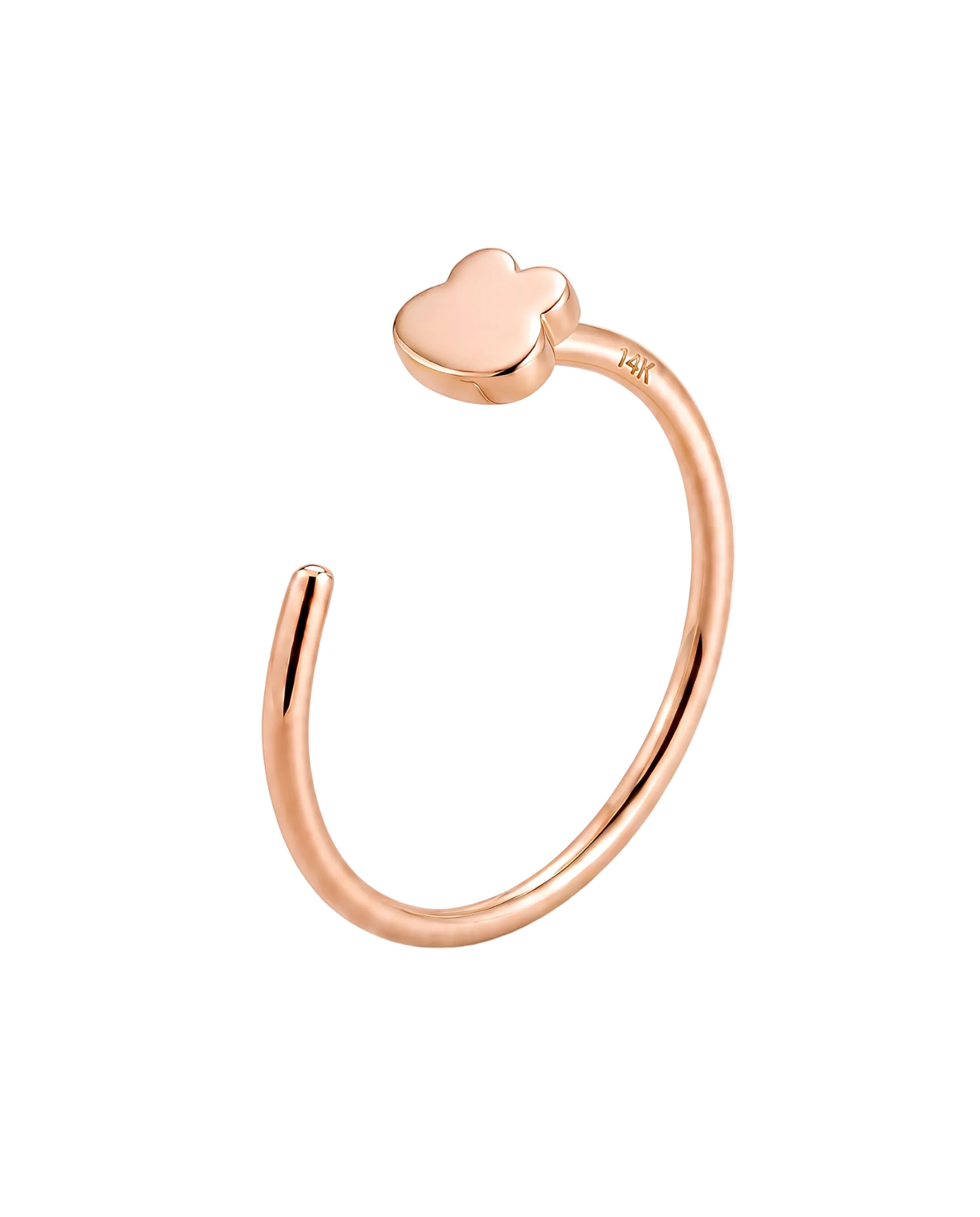 A playful 14ct solid gold Frog Hoop with a minimalist frog head and raised eye shapes. Available in 18G or 20G, 6–10mm, in three gold colours.