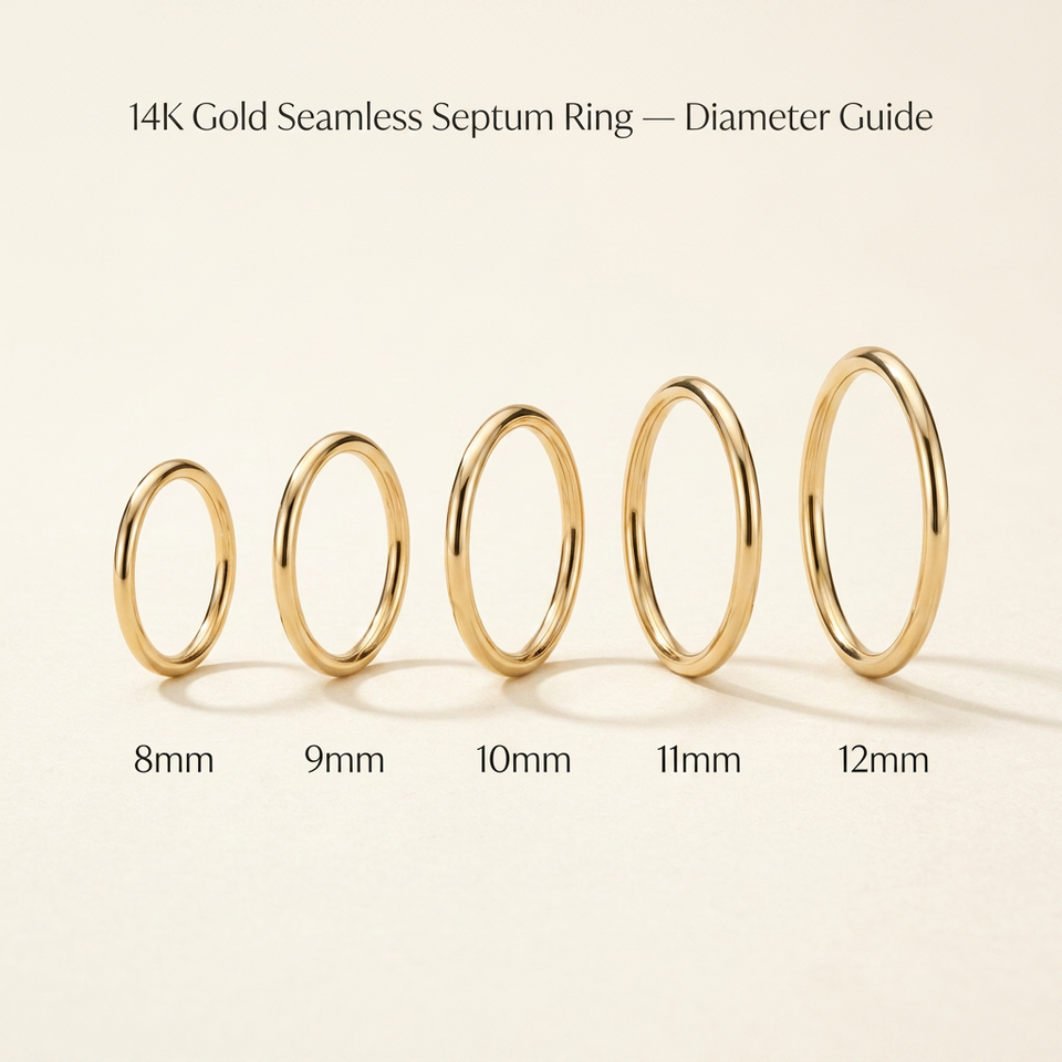 14K gold seamless septum ring size comparison showing 8mm 9mm 10mm 11mm 12mm diameter