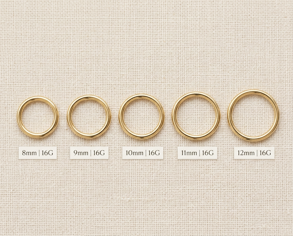 14K gold daith ring size comparison showing 8mm 9mm 10mm 11mm 12mm seamless hoops