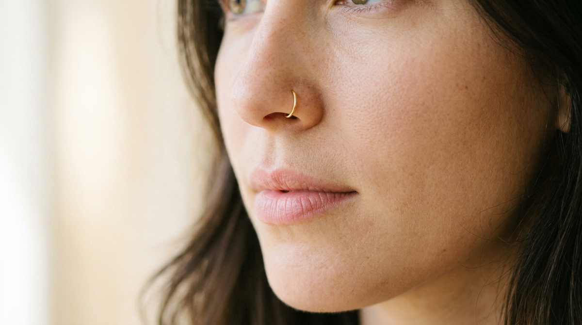 14K gold seamless nose ring on a woman's nostril, close-up showing the warm gold tone against skin
