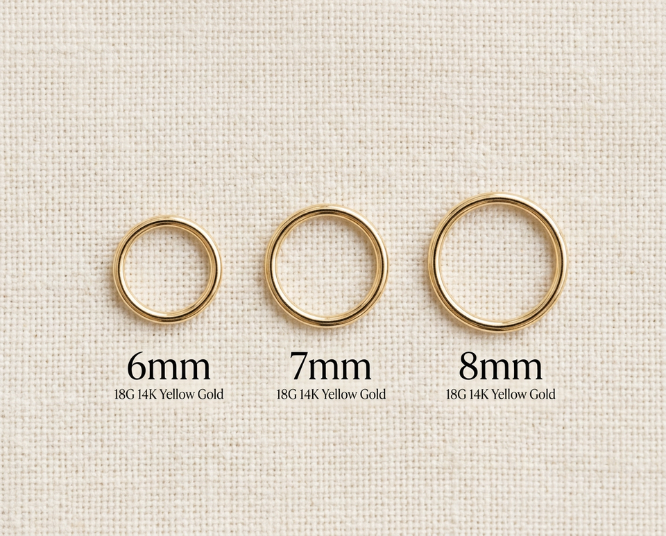 14K gold tragus ring size comparison showing 6mm 7mm and 8mm seamless hoops
