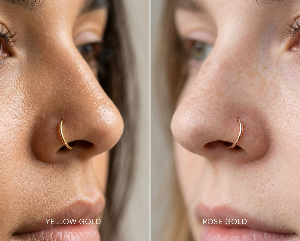 14K yellow gold versus 14K rose gold seamless nose ring worn side by side showing colour difference