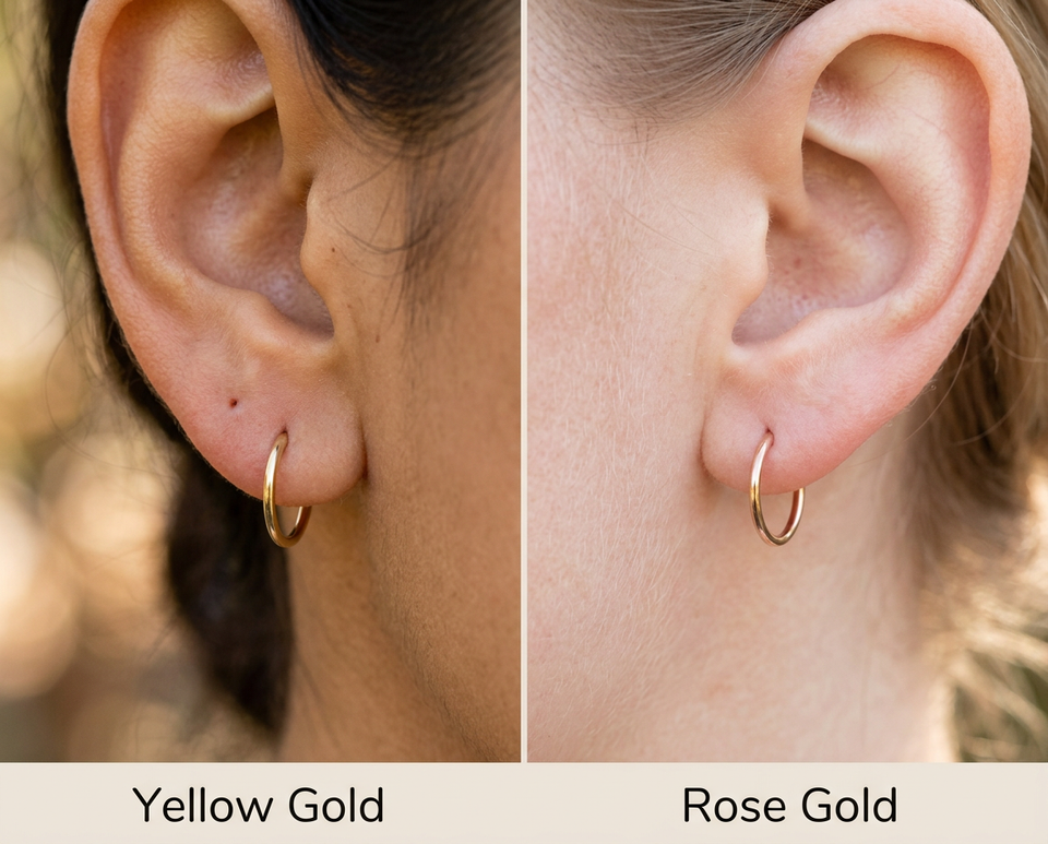 14K yellow gold versus rose gold huggie hoop earrings colour comparison on earlobe