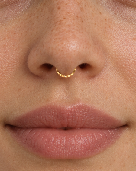 A delicate 14ct solid gold seamless septum hoop with a hand-hammered lower half. Choose 16G or 18G in yellow, white or rose gold. Handmade to order.