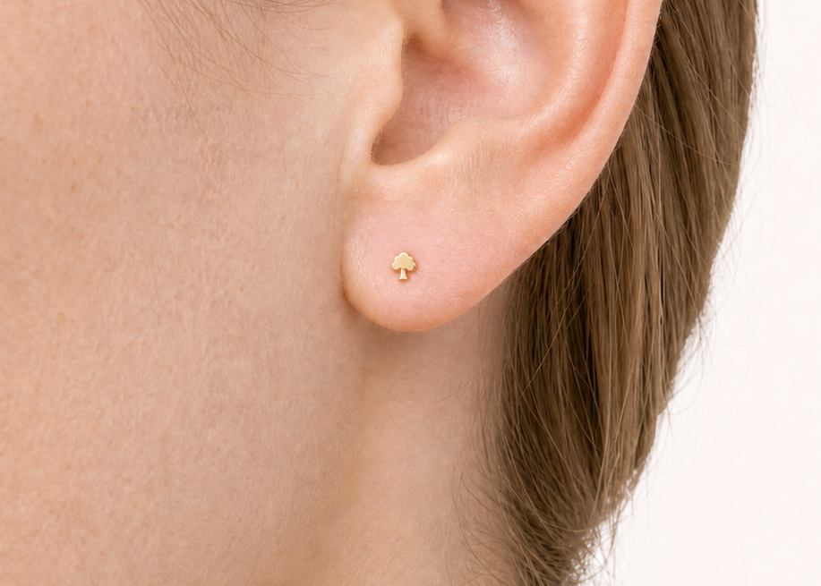 A close-up of a person's ear wearing a tiny gold ear ring  earring against a plain light background.