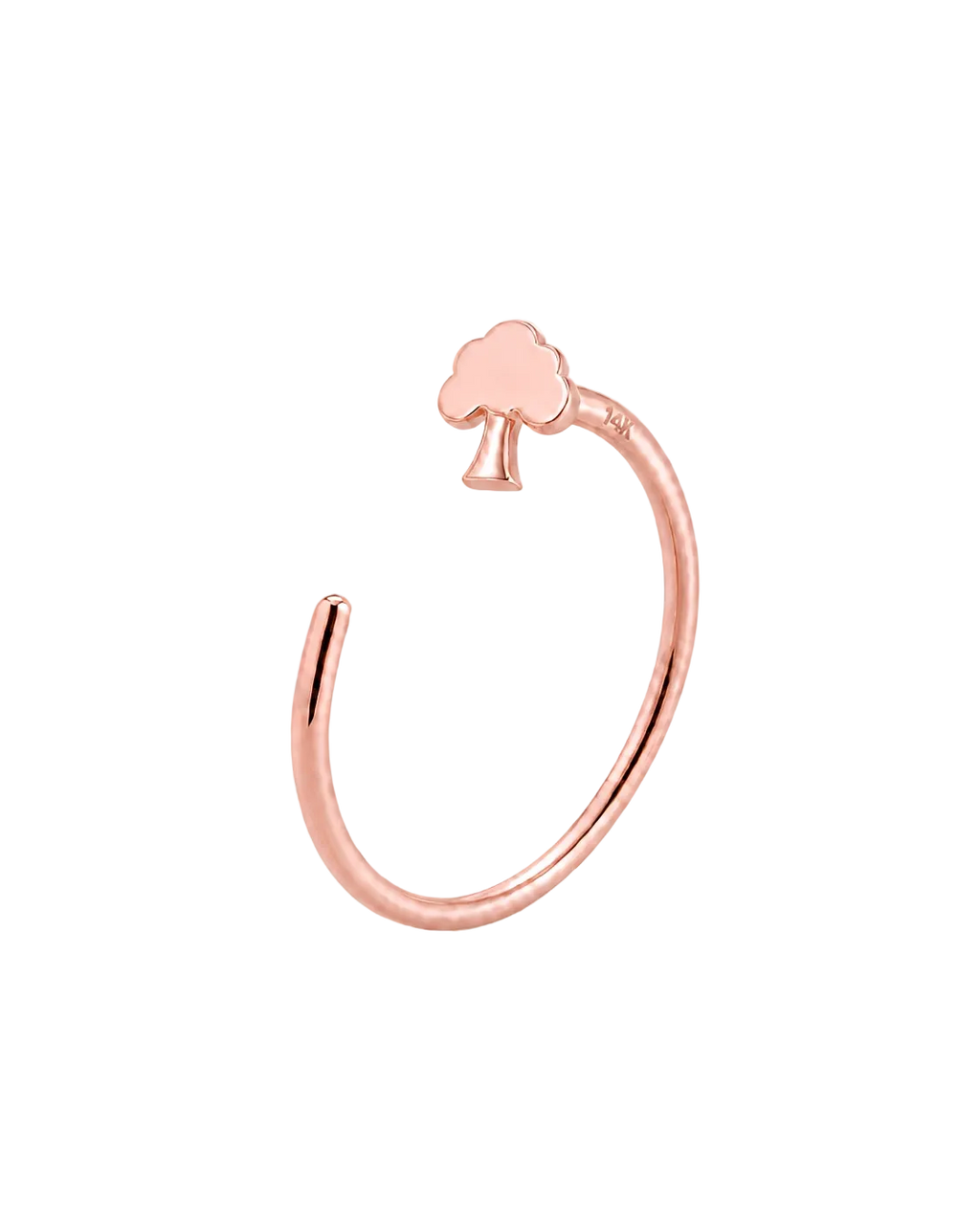 A minimalist rose gold open ring earring featuring a small cloud-shaped dangling gold nose ring , shown on a clean white background.