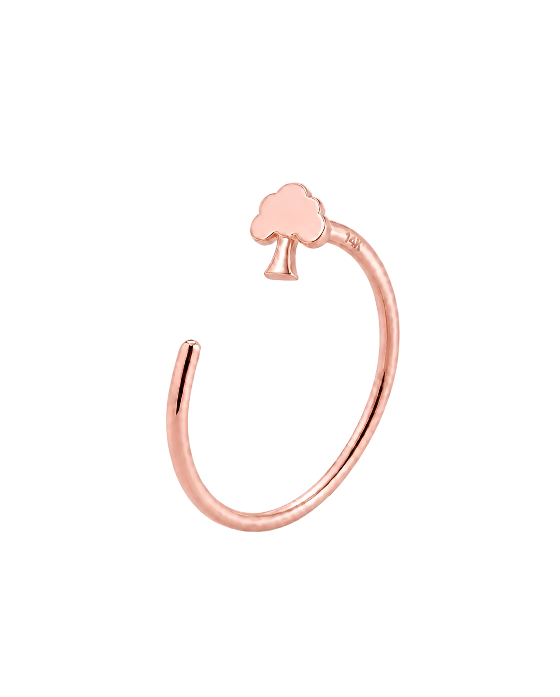 A minimalist rose gold open ring earring featuring a small cloud-shaped dangling gold nose ring , shown on a clean white background.